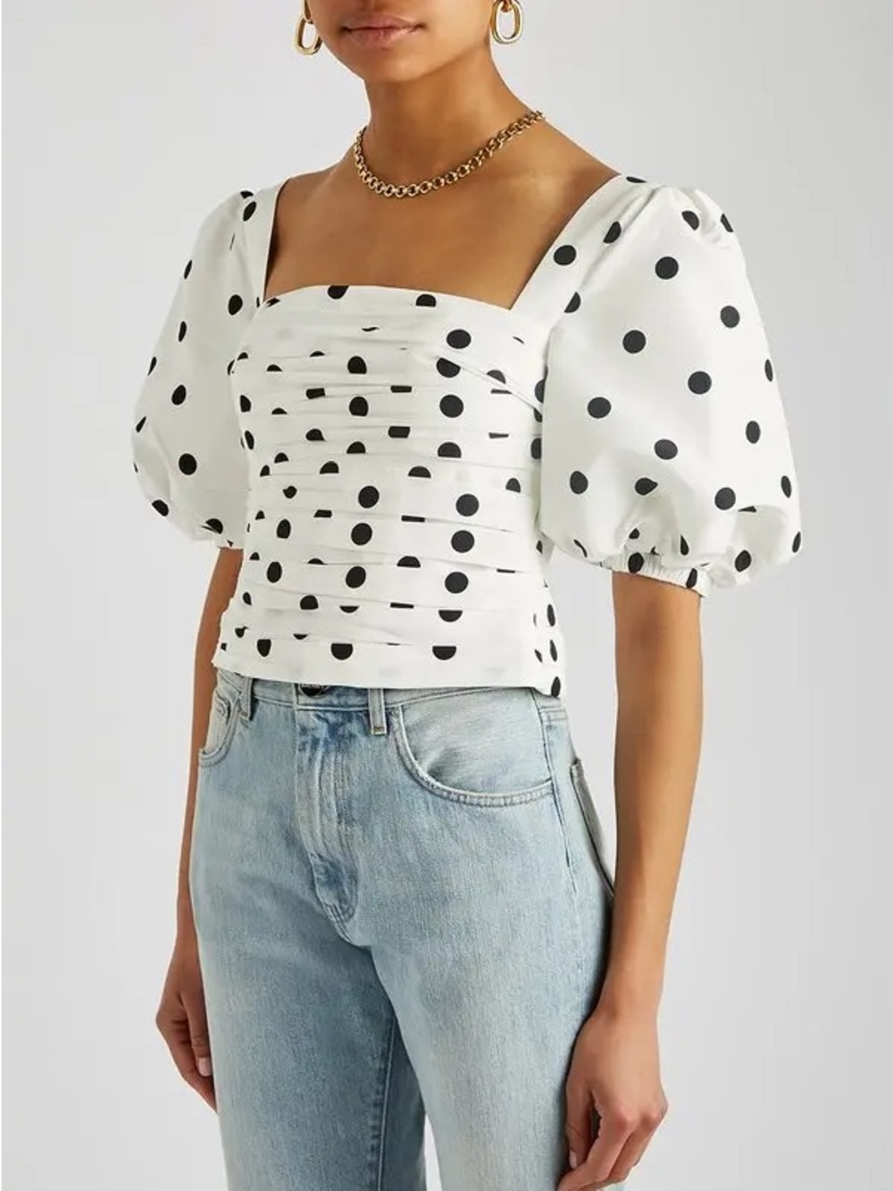 Self Portrait White Polka Dot Taffeta Puff Sleeve Top